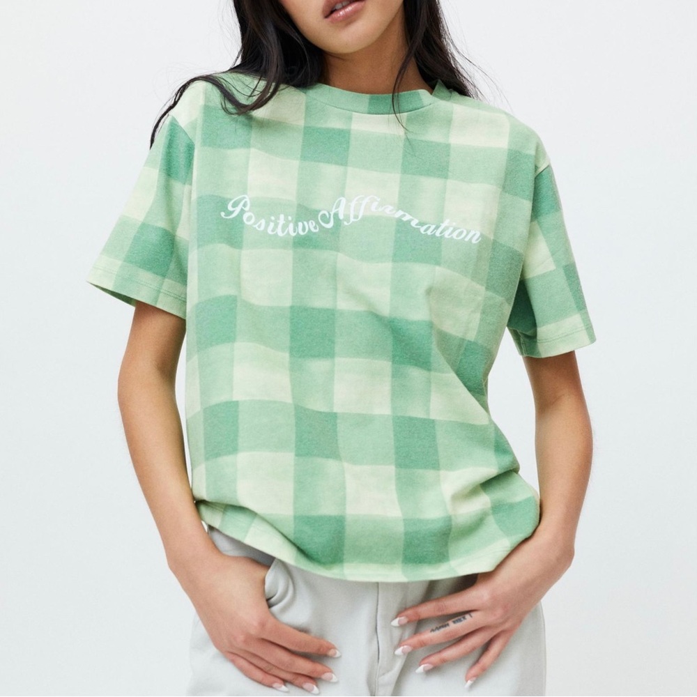 Urban Outfitters Positive Affirmations Gingham Graphic Tee / Green T-shirt